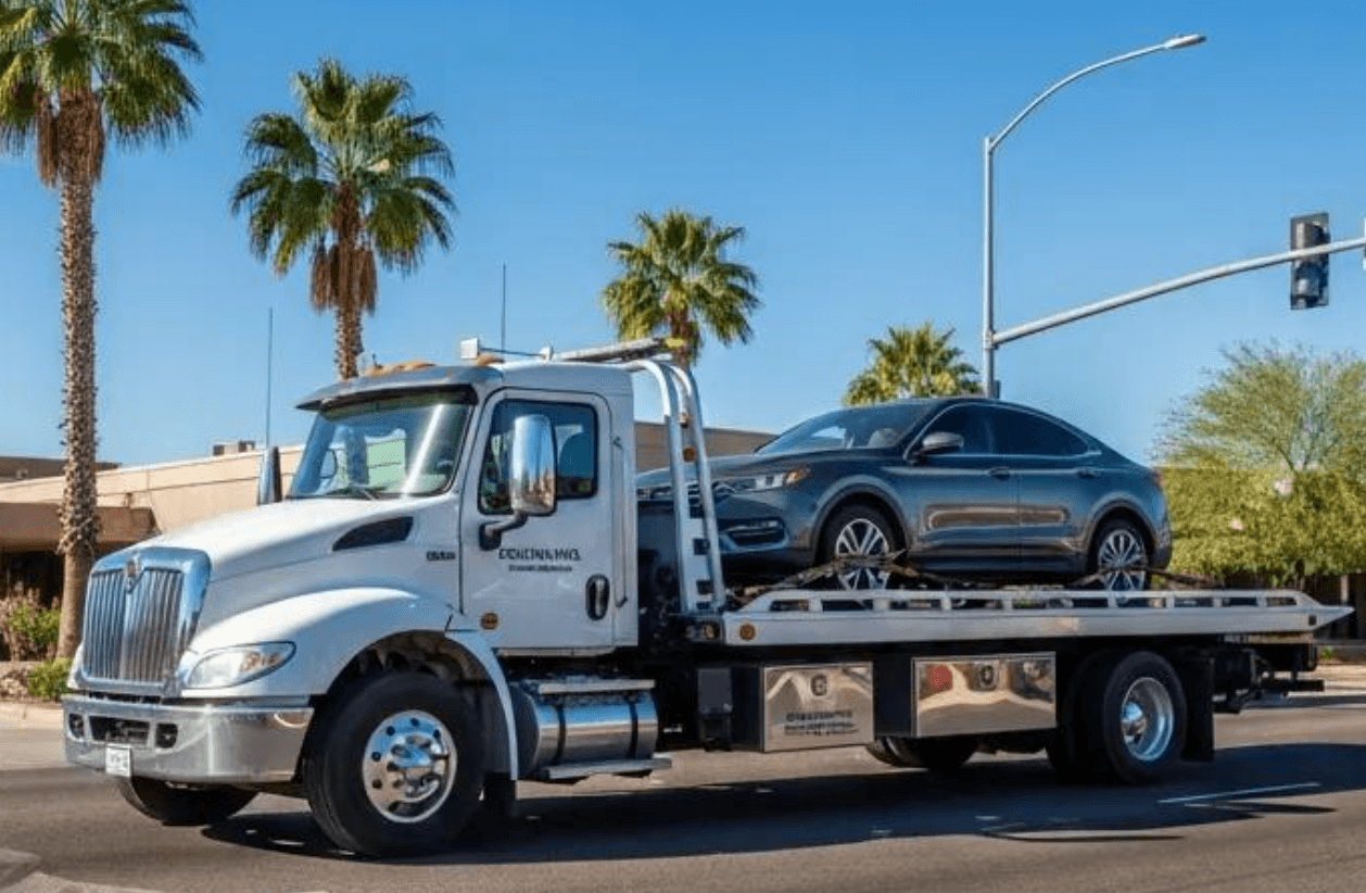 Pintask flatbed tow truck on the road
